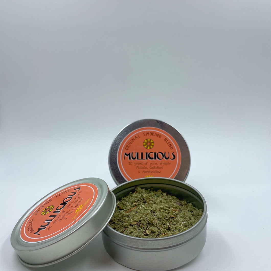 Mullein, Coltsfoot, Marshmallow  Kiss Teas is not an advocate of smoking.  However we are in the business of offering plant based alternatives.  Try our Mullicious blend for a healthier alternative to traditional tobacco.