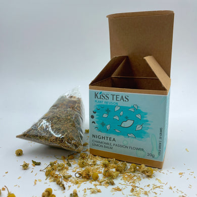 Chamomile, Passionflower and Lemon Balm  If you're having trouble falling asleep or you find it difficult switching off screens at night then have a calming Nightea to gentle lull you to slumberland.