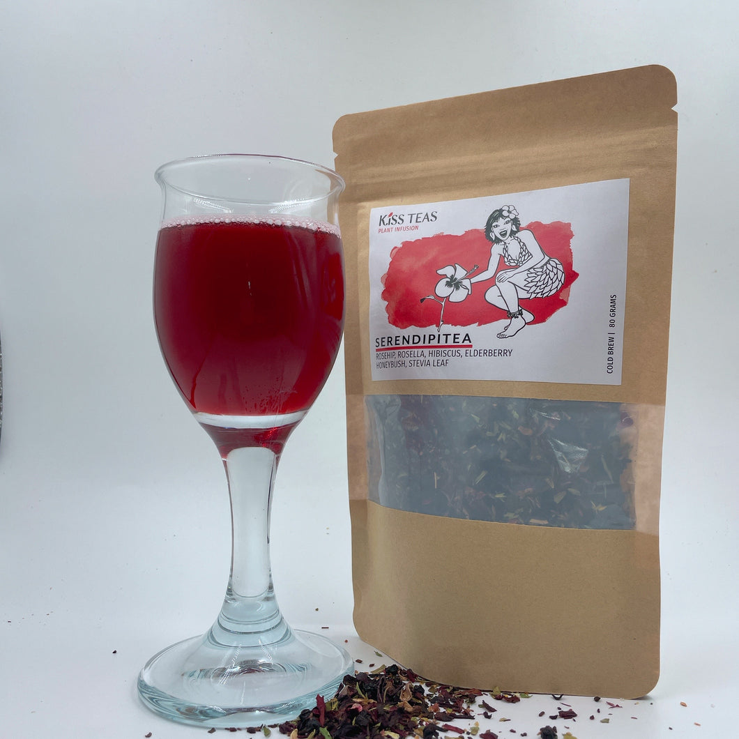 Oh sweet Serendipitea… A delightful dance of pure Rosehips, Hibiscus Rosella, Elderberries, Honey Bush & Stevia Leaf  Lip Tip - Everybody's favourite!  This blend works well as still or sparkling and appeals to all ages. Delicious when added to cocktails, mocktails, smoothies, yoghurt or salad dressings.