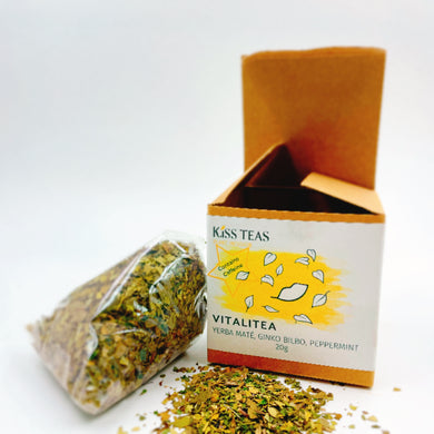 Yerba Mate, Ginko Bilbo, Peppermint  To wake you up in the morning or when your energy is ebbing mid afternoon, lift your spirits with this re-energising blend.  WARNING: This blend contains caffeine.