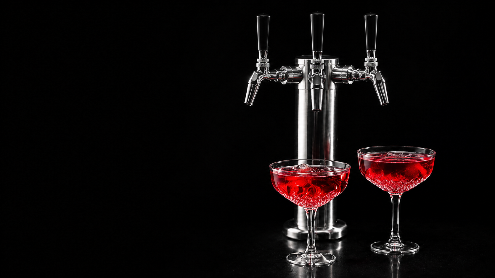 Three chrome taps and two crystal glasses of vibrant red botanical drink on a black background
